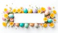 Beautiful blank easter card banner with eggs and spring flowers with copy space