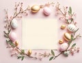 Beautiful blank easter card with eggs and flowers and copy space