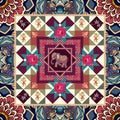 Beautiful blanket with cute cartoon elephant, funny monkeys, paisley and flowers in indian style.