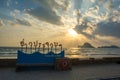 Beautiful blazing sunrises landscape with cloud and sun rays at Ao Prachuap bay Prachuap khiri khan province, Thailand.Public