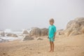 Beautiful blond child, boy, gathering shells on the beach in Portugal on a cloudy foggy day