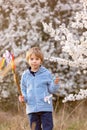 Beautiful blond child, boy, holding twig, braided whip made from pussy willow, traditional symbol of Czech Easter used for