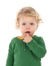 Beautiful blond child with green T-shirt