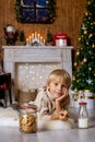 Beautiful blond child, young school boy, playing in a decorated home with knitted toys Royalty Free Stock Photo