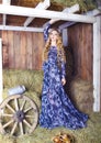 Beautiful blond fashionable woman on hay barn Royalty Free Stock Photo