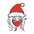 Beautiful blond girl with long eyelashes in red Christmas hat with white fur and red Covid face mask.