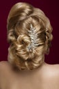 Beautiful blond girl with perfect skin, evening make-up and accessories. Hairstyle back View Royalty Free Stock Photo