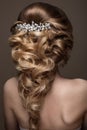 Beautiful blond girl with perfect skin, evening make-up, wedding hairstyle and accessories. Beauty face.