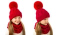 Beautiful blond girl in winter warm red hat and scarf on white. Children winter clothes Royalty Free Stock Photo