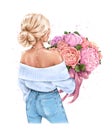 Beautiful blond hair girl holding bouquet. Stylish woman with flowers.