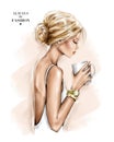 Beautiful blond hair girl profile. Fashion girl holding a coffee cup. Woman with hair bun. Stylish girl.