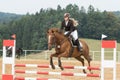 Beautiful blond horsewoman jumping