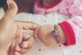 Beautiful blond little girl showing six fingers her age and smiling Royalty Free Stock Photo