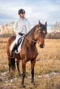 Beautiful blond professional female jockey riding a horse in field Royalty Free Stock Photo