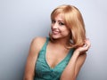 Beautiful blond short hair style young woman toothy smiling
