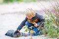 Beautiful blond toddler child with little cat on the beach, hugging, friendship between kid and kitten Royalty Free Stock Photo