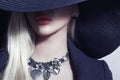 Beautiful Blond Woman in Black Hat.Spring Jewelry Royalty Free Stock Photo