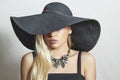 Beautiful Blond Woman in Black Hat.spring shopping Royalty Free Stock Photo