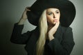 Beautiful Blond Woman in Black Hat.Spring Topcoat.