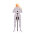 Beautiful blond woman dressed suit of armor, medieval knight, vector cartoon warrior woman with sword ancient knight Royalty Free Stock Photo