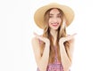 Beautiful blond woman in hat. summer fashion beauty model girl, vacation, copy space Royalty Free Stock Photo