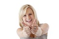 Beautiful blond woman holds both thumbs up