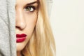 Beautiful blond woman in hood. red lips Royalty Free Stock Photo