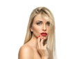 Beautiful Blond Woman Portrait close-up. Hairstyle. Red lips. Ma Royalty Free Stock Photo