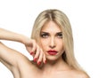 Beautiful Blond Woman Portrait close-up. Hairstyle. Red lips. Ma Royalty Free Stock Photo