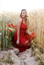 Beautiful blond woman in a wheat field with poppies at sunset Royalty Free Stock Photo