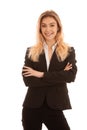 Beautiful blond young business woman in black suit isolated over white Royalty Free Stock Photo