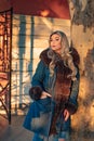 Beautiful blond young woman in fluffy fur. Winter and autumn fashion. Beauty sexy model girl with long hair and Royalty Free Stock Photo