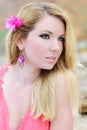 Beautiful blonde ashore epidemic deathes in rose gown Royalty Free Stock Photo