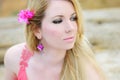 Beautiful blonde ashore epidemic deathes in rose gown Royalty Free Stock Photo