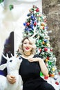 Beautiful blonde in a black dress hugs the figure of a deer near the Christmas tree Royalty Free Stock Photo