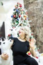 Beautiful blonde in a black dress hugs the figure of a deer near the Christmas tree Royalty Free Stock Photo