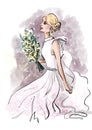 beautiful blonde bride with a bouquet of flowers in a white wedding dress