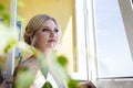 Beautiful blonde bride waiting her groom in wedding day Royalty Free Stock Photo