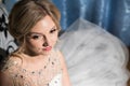 Beautiful blonde bride waiting her groom in wedding day Royalty Free Stock Photo