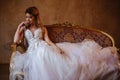 Beautiful blonde bride woman in a gorgeous wedding dress, fashion beauty portrait Royalty Free Stock Photo