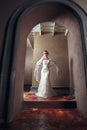 Beautiful Blonde Bride Woman. White Wedding Dress. Vintage Grung