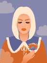 A woman with white hair holds a lotus flower in her hand. There are pure thoughts in her head.