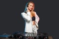 Beautiful blonde DJ girl on decks - the party Royalty Free Stock Photo