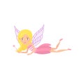 Beautiful blonde fairy flying with magical wand in hand. Mythical creature with little wings. Cartoon girl character in