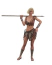 Beautiful blonde fantasy barbarian warrior woman standing with a spear resting on her shoulder. 3D illustration isolated on white