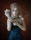 Beautiful blonde and fantasy dragon 3d illustration