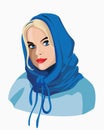 Beautiful blonde girl in a blue scarf.A very nice girl brooding and smiling. Blue Shawl. Emotion woman face. Portrait Royalty Free Stock Photo