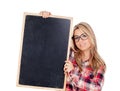 Beautiful blonde girl with glasses holding a slate Royalty Free Stock Photo