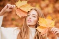 Beautiful blonde girl holds an autumn yellow leaf near the face. Fashion portrait woman hides her face yellow maple Royalty Free Stock Photo