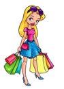 Beautiful blonde girl shopping bags cartoon illustration Royalty Free Stock Photo